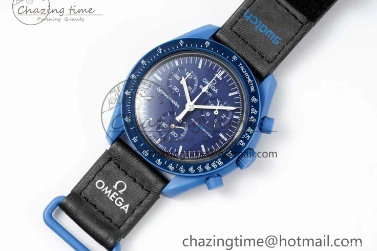 0211 ZipUp Speedmaster Misson To Neptune 1:1 Best Edition Blue Dial On Nylon Strap Quartz 7854